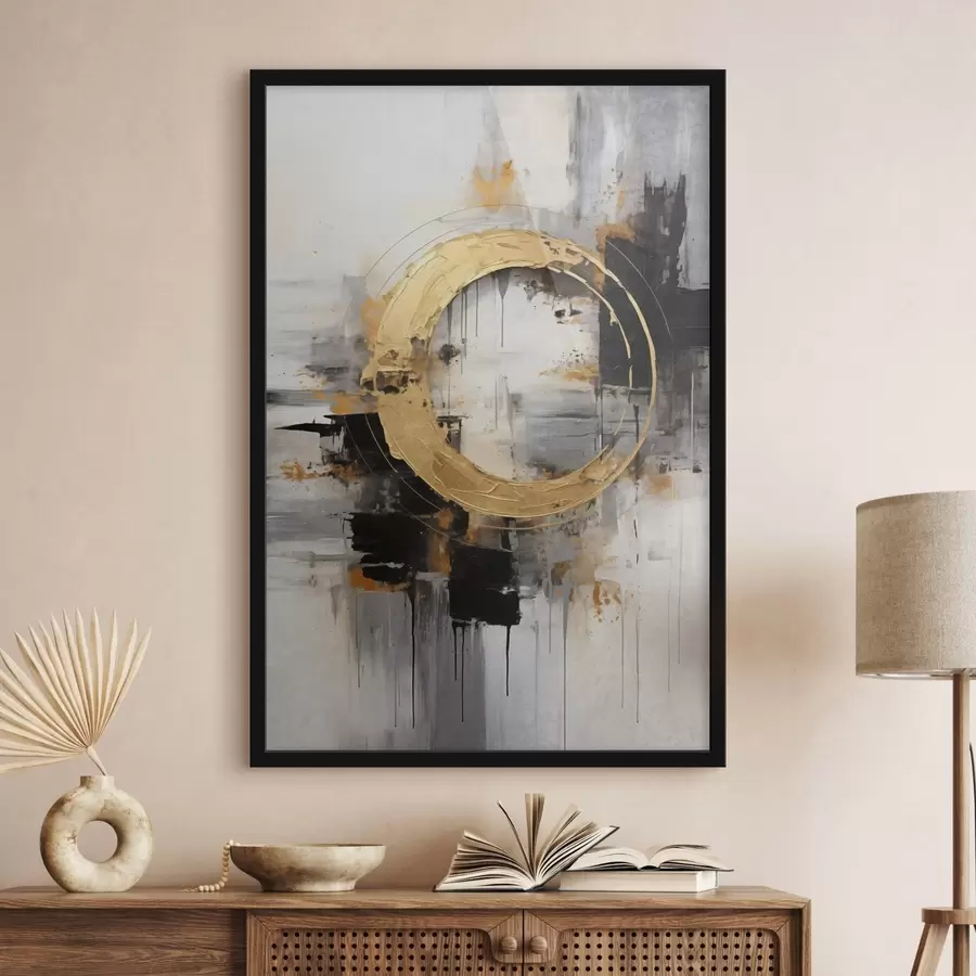 Papier peint photo Peinture abstraite avec des cercles, des lignes noires et jaunes, et un arrière-plan dans les tons gris et blancs f45186