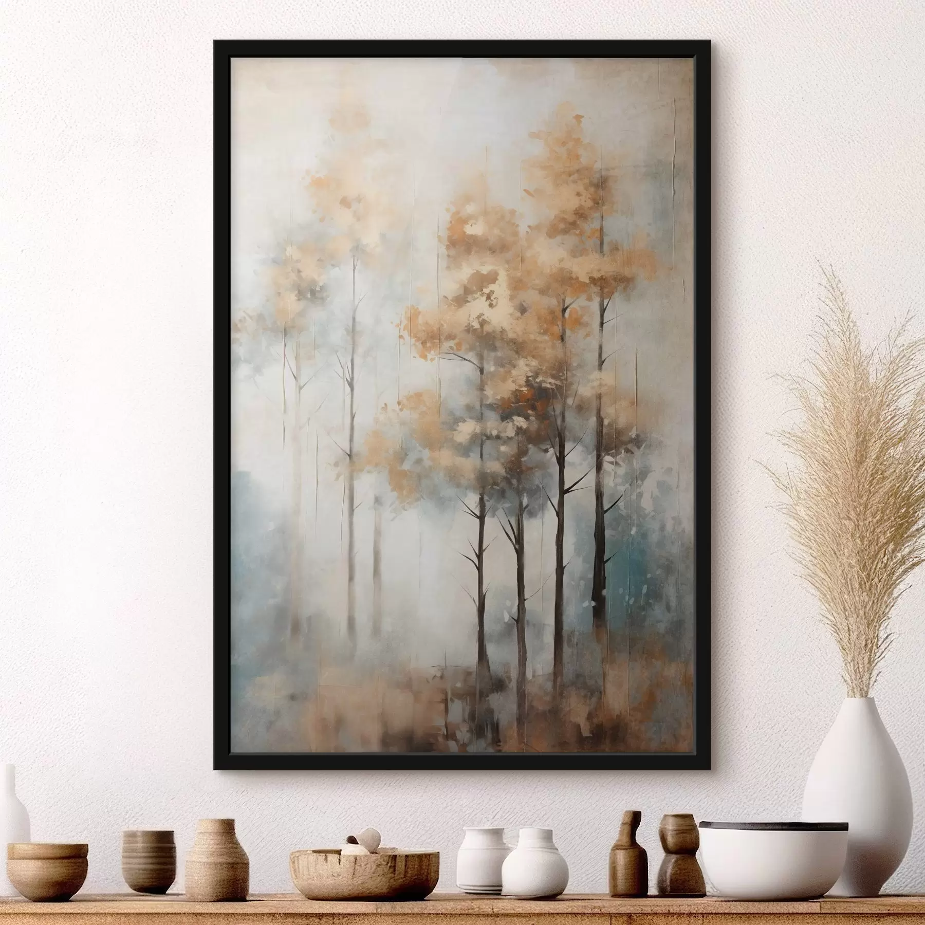  Schilderijen Hoge bomen met gele bladeren in een bos, de achtergrond is een mix van zachte blauwe en bruine tinten f45187