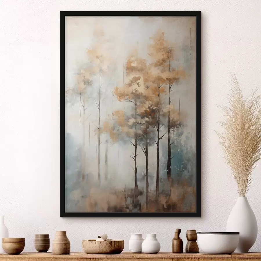 Fotobehang Hoge bomen met gele bladeren in een bos, de achtergrond is een mix van zachte blauwe en bruine tinten f45187