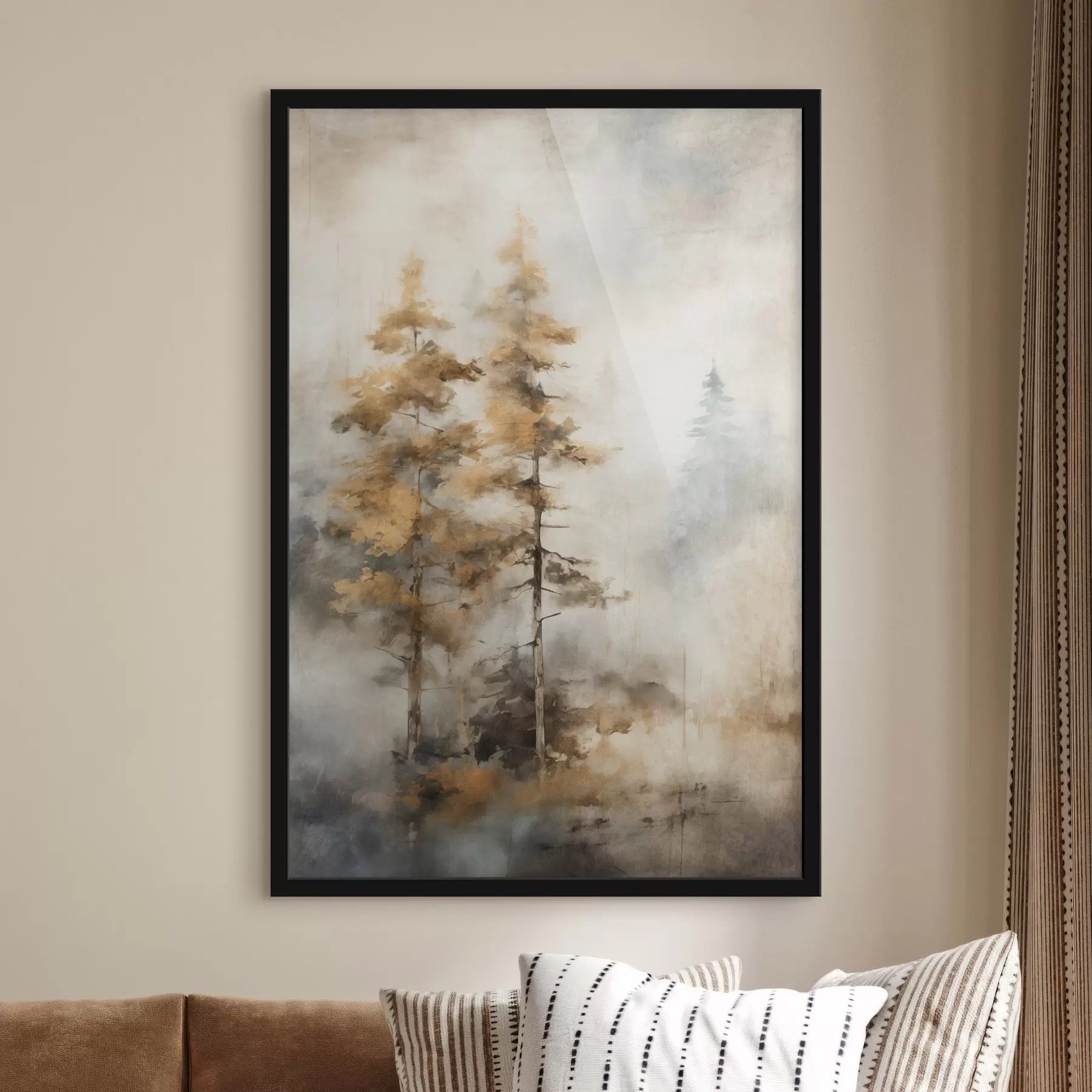 Fotobehang Hoge bomen met gele bladeren in een bos, de achtergrond is een mix van zachte blauwe en bruine tinten f45188