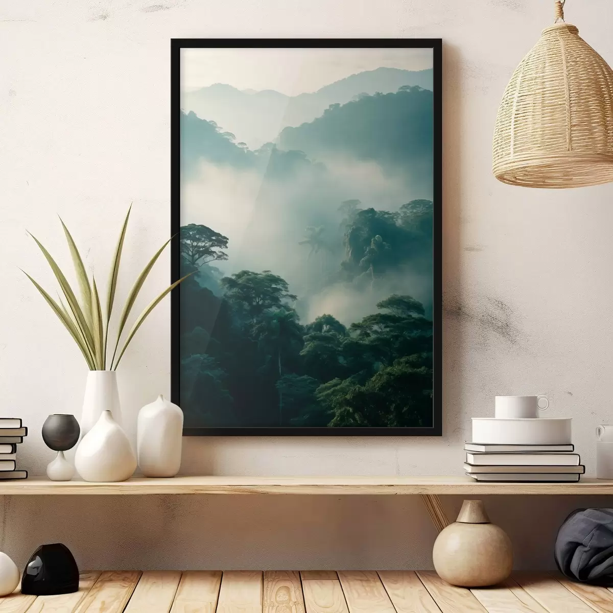 Affiche Forêt tropicale avec des arbres verdoyants et une épaisse couche de brume, créant un environnement atmosphérique f45189