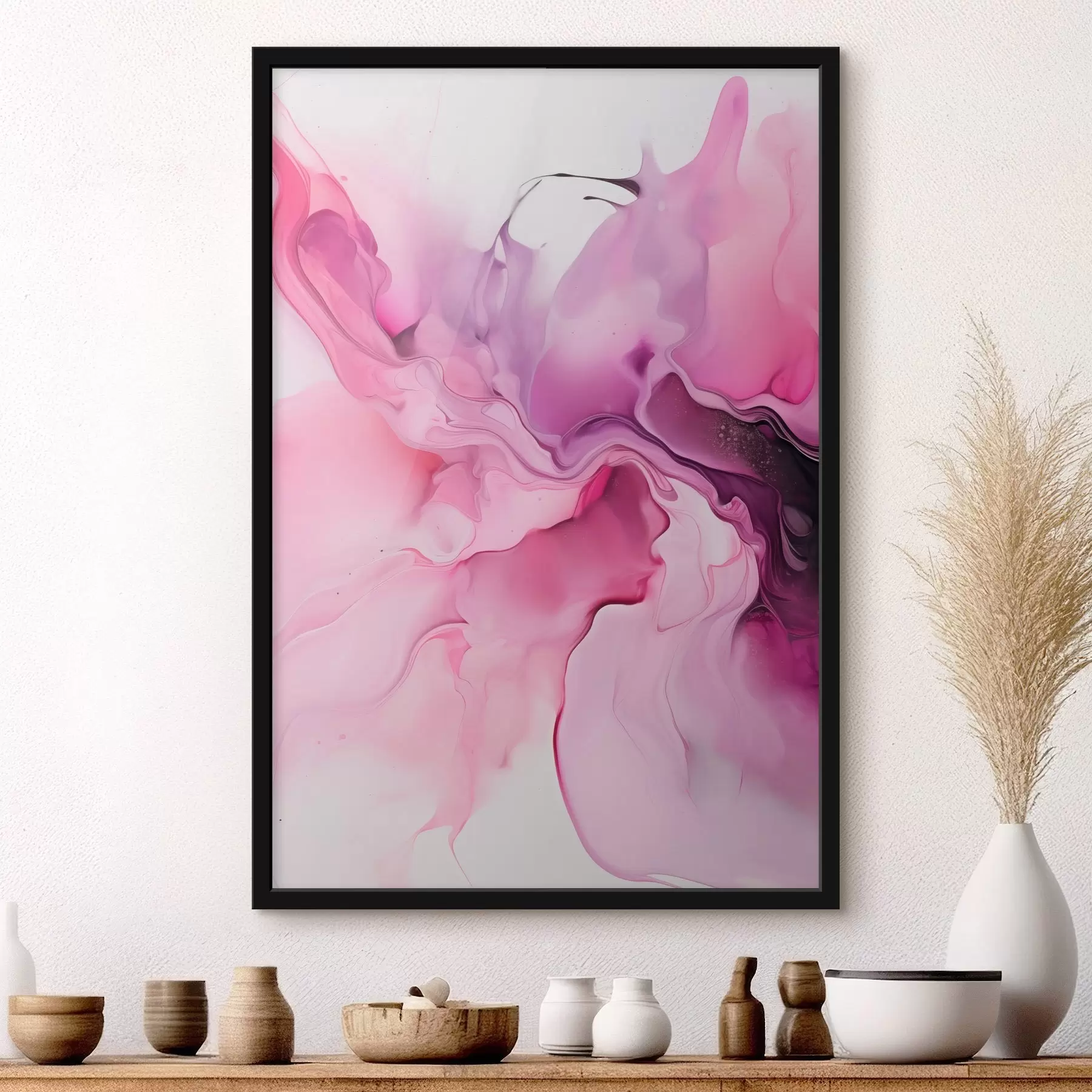 Fotobehang Abstracte wervelingen van roze, paars en zwart smelten samen in een vloeiende, organische compositie en creëren een gevoel van beweging f45195