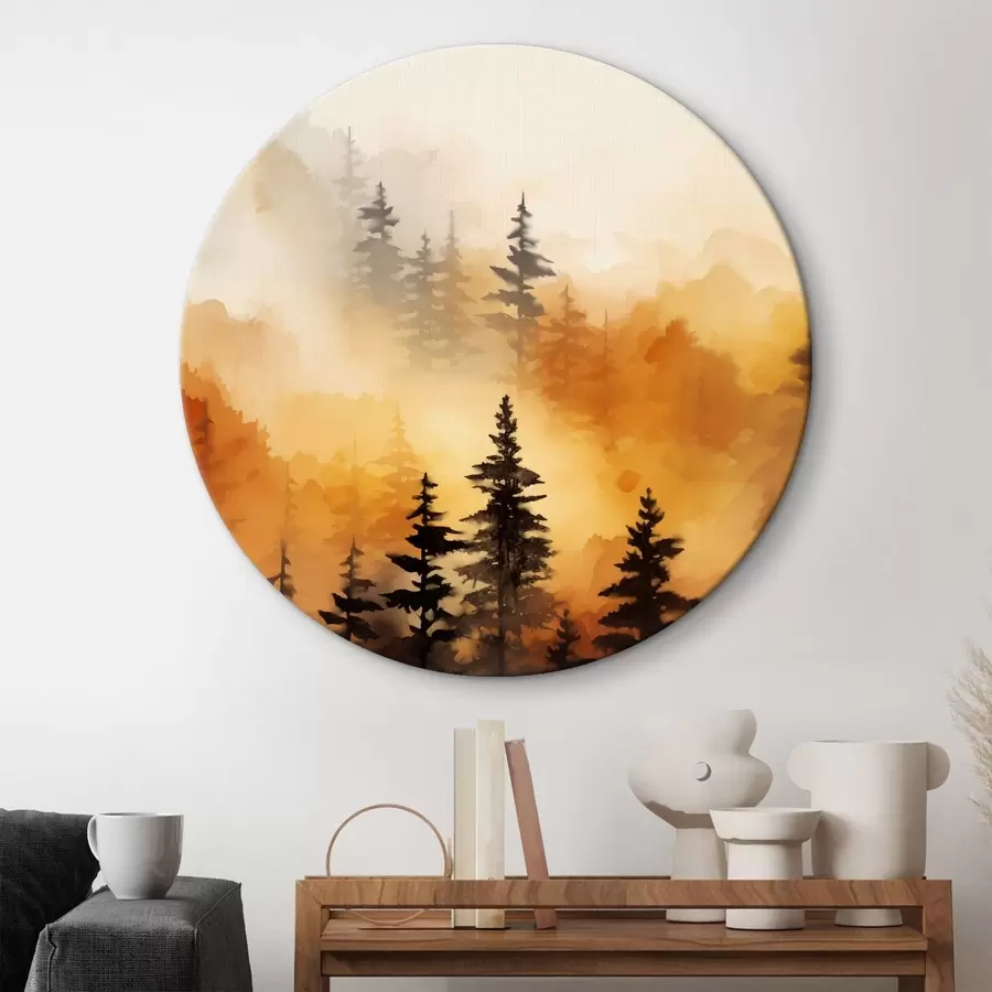  Peintures Peinture aquarelle d'un paysage imitant une forêt avec de grands pins et des montagnes en arrière-plan r45170