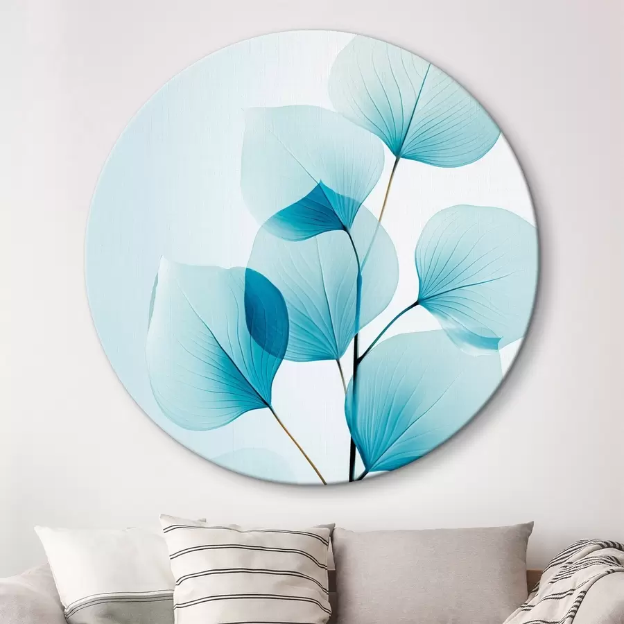  Schilderijen Tak met doorschijnende blauwe bladeren, fijne nerven zichtbaar, lichte en rustige compositie, minimalistische esthetiek r45175