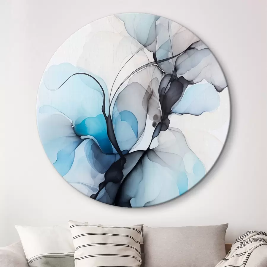  Schilderijen Abstracte compositie met vloeiende lijnen en doorschijnende bloemblaadjes in blauwwitte en beige tinten, imitatie van alcoholinkt r45177