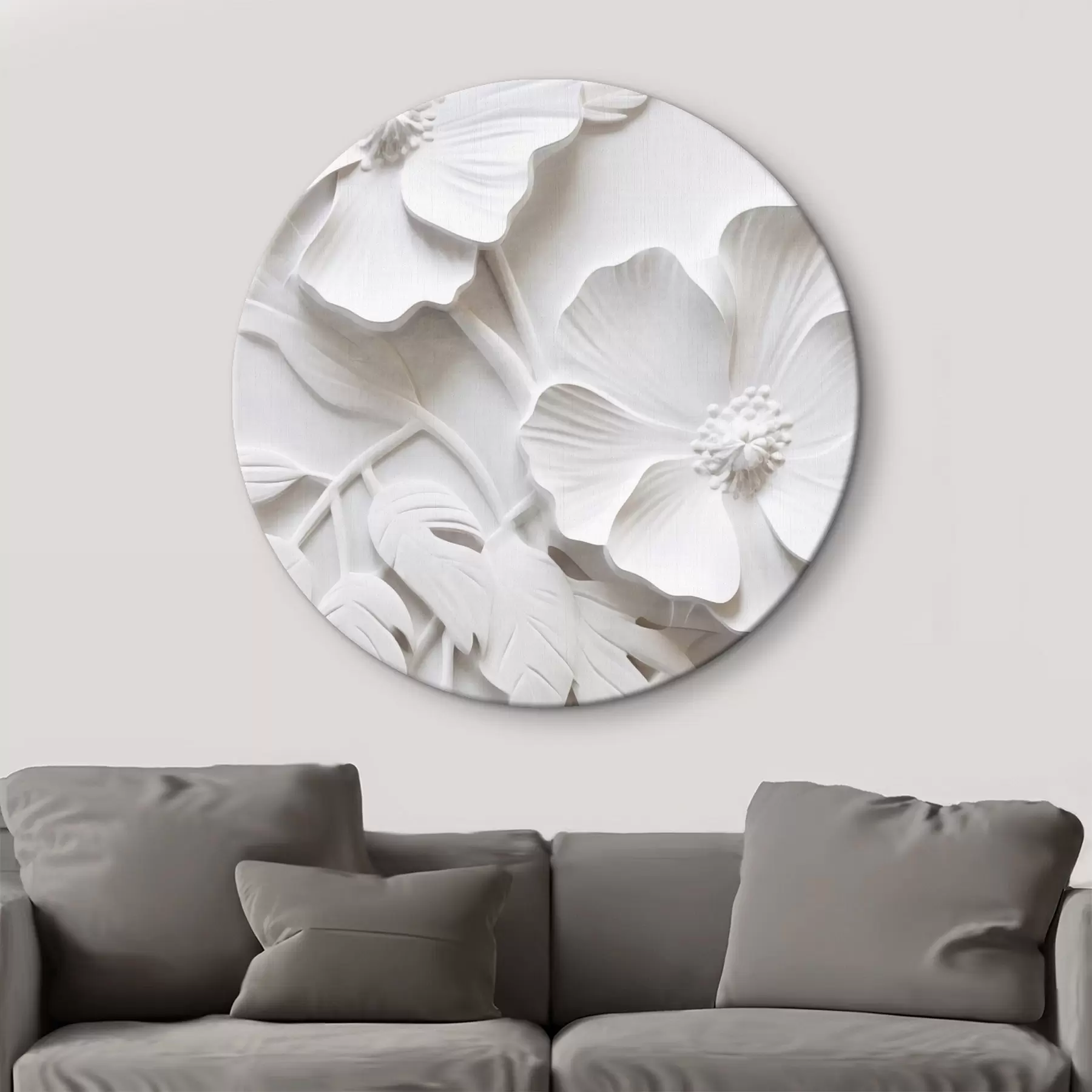  Schilderijen Decoratieve minimalistische witte bloemen met bladeren, reliëfimitatie, witte achtergrond r45179