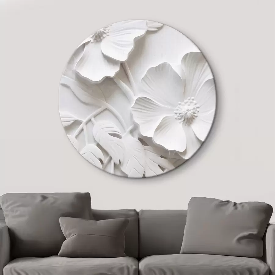 Schilderijen Decoratieve minimalistische witte bloemen met bladeren, reliëfimitatie, witte achtergrond r45179