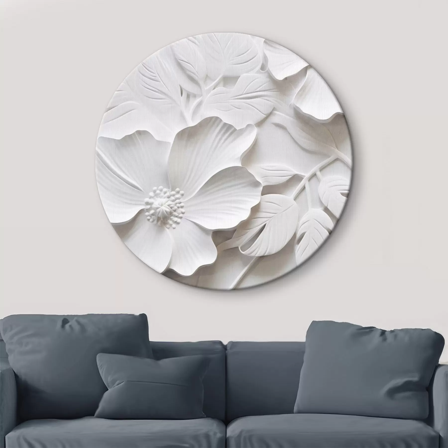  Schilderijen Decoratieve minimalistische witte bloemen met bladeren, reliëfimitatie, witte achtergrond r45180