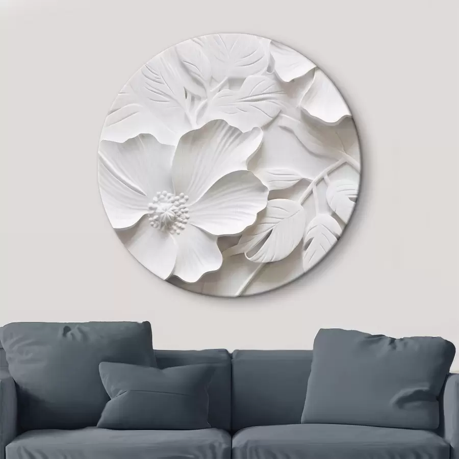 Schilderijen Decoratieve minimalistische witte bloemen met bladeren, reliëfimitatie, witte achtergrond r45180