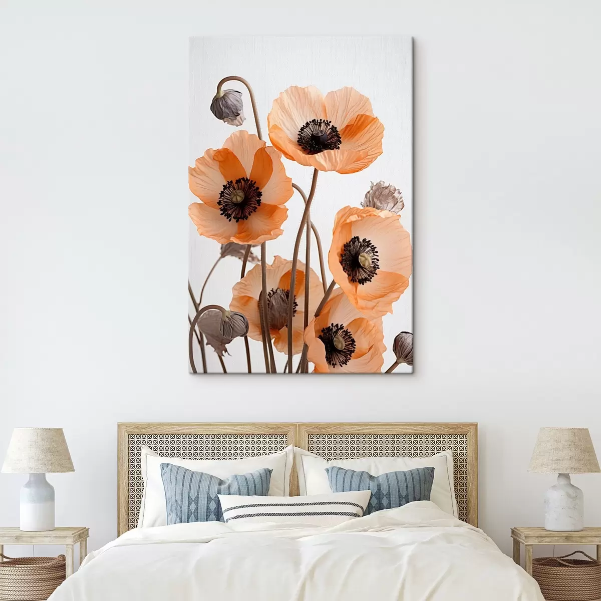  Peintures Coquelicots orange, fleurs séchées sur fond clair, éclairage doux, pétales délicats, arrangement floral s45167