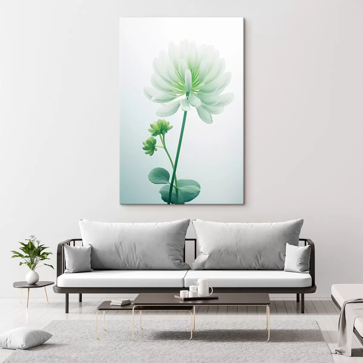  Schilderijen Witte klaver bloem met groene stengel en bladeren, zachte verlichting, schone achtergrond, minimalistische compositie, botanisch s45171
