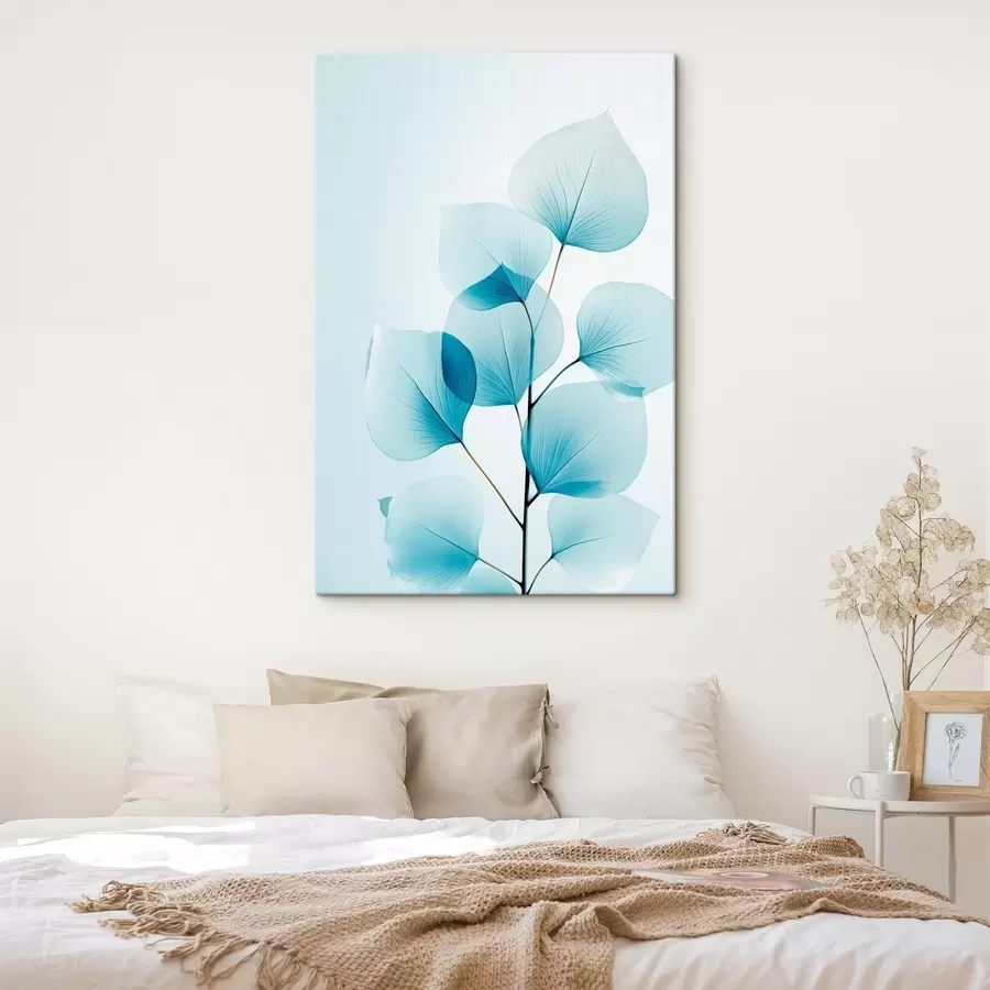  Peintures Branche avec des feuilles bleues translucides, veines délicates visibles, composition légère et calme, esthétique minimaliste s45175