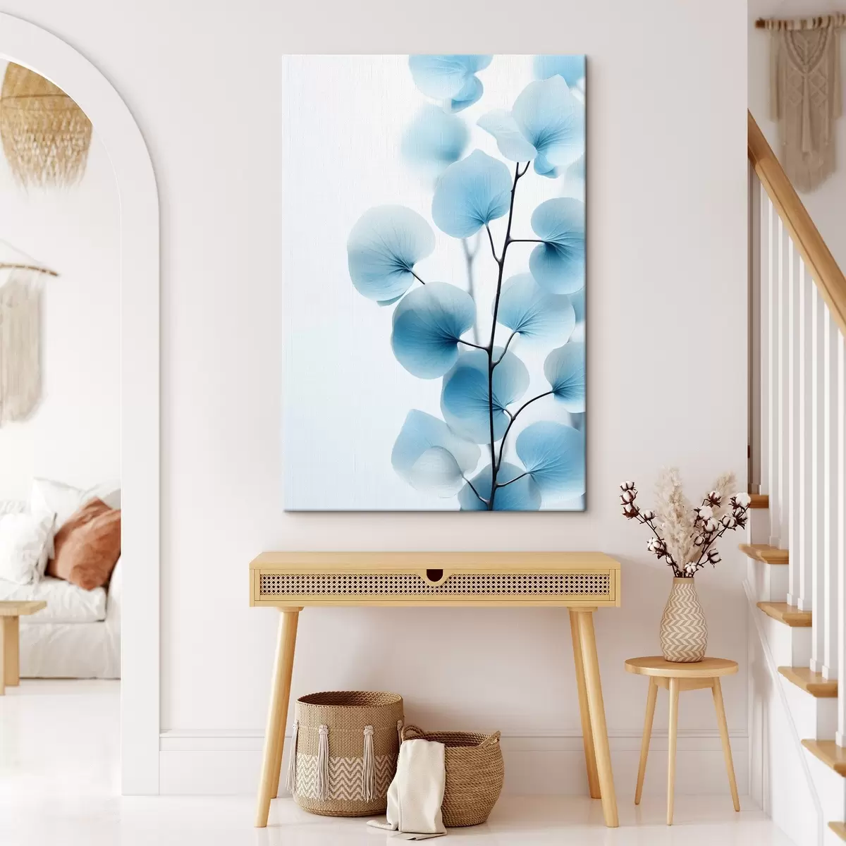  Peintures Branche avec des feuilles bleues translucides, veines délicates visibles, composition légère et calme, esthétique minimaliste s45176