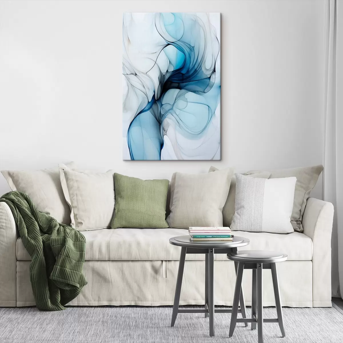  Peintures Composition abstraite avec des lignes fluides et des pétales translucides dans les tons bleu blanc et beige, imitation encre à l'alcool s45178