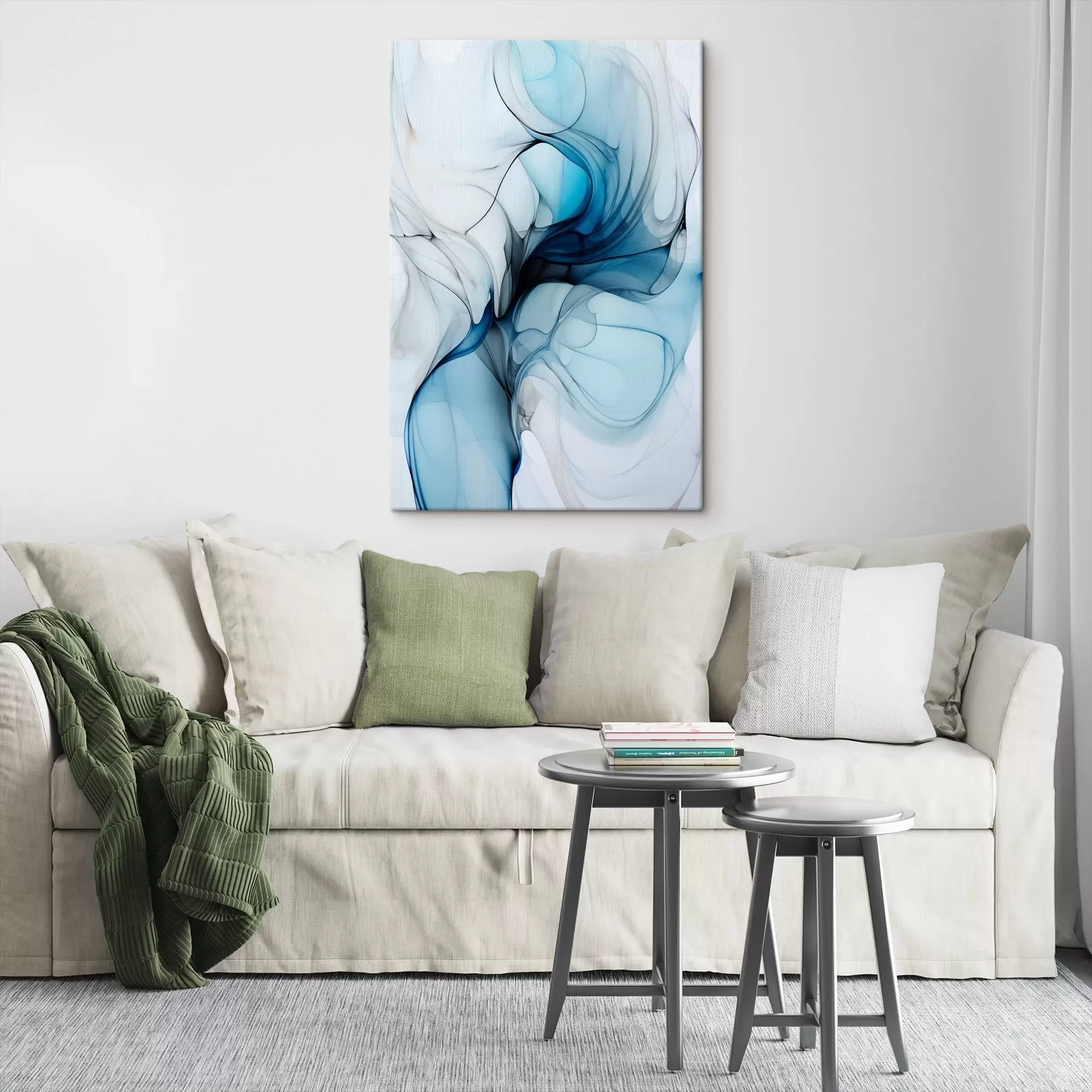  Schilderijen Abstracte compositie met vloeiende lijnen en doorschijnende bloemblaadjes in blauwwitte en beige tinten, imitatie van alcoholinkt s45178