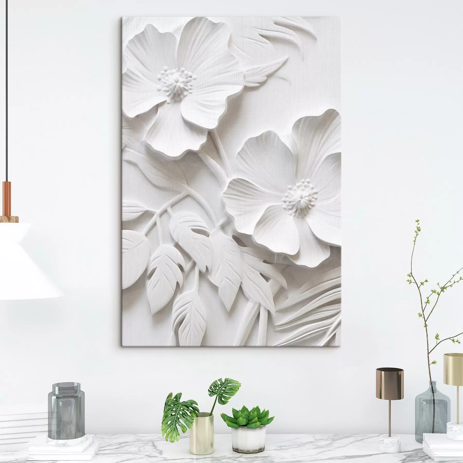  Schilderijen Decoratieve minimalistische witte bloemen met bladeren, reliëfimitatie, witte achtergrond s45179