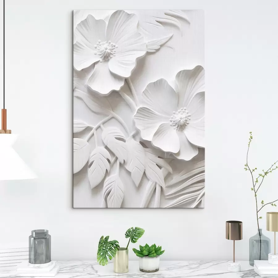  Schilderijen Decoratieve minimalistische witte bloemen met bladeren, reliëfimitatie, witte achtergrond s45179