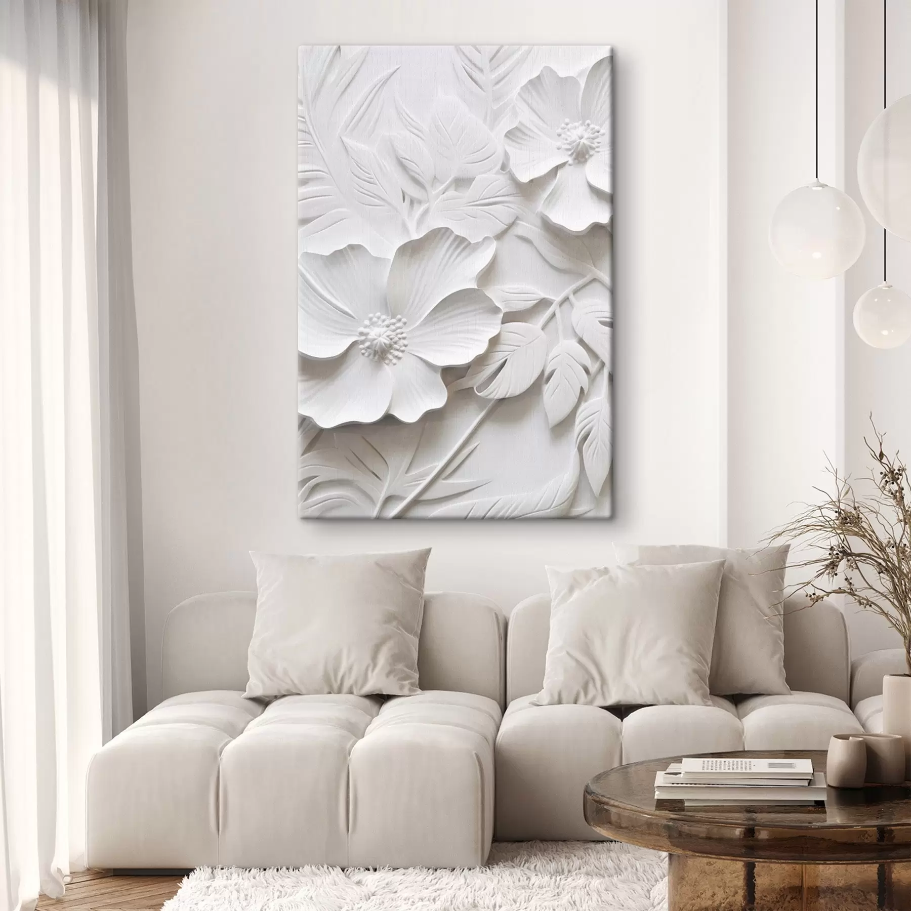  Schilderijen Decoratieve minimalistische witte bloemen met bladeren, reliëfimitatie, witte achtergrond s45180