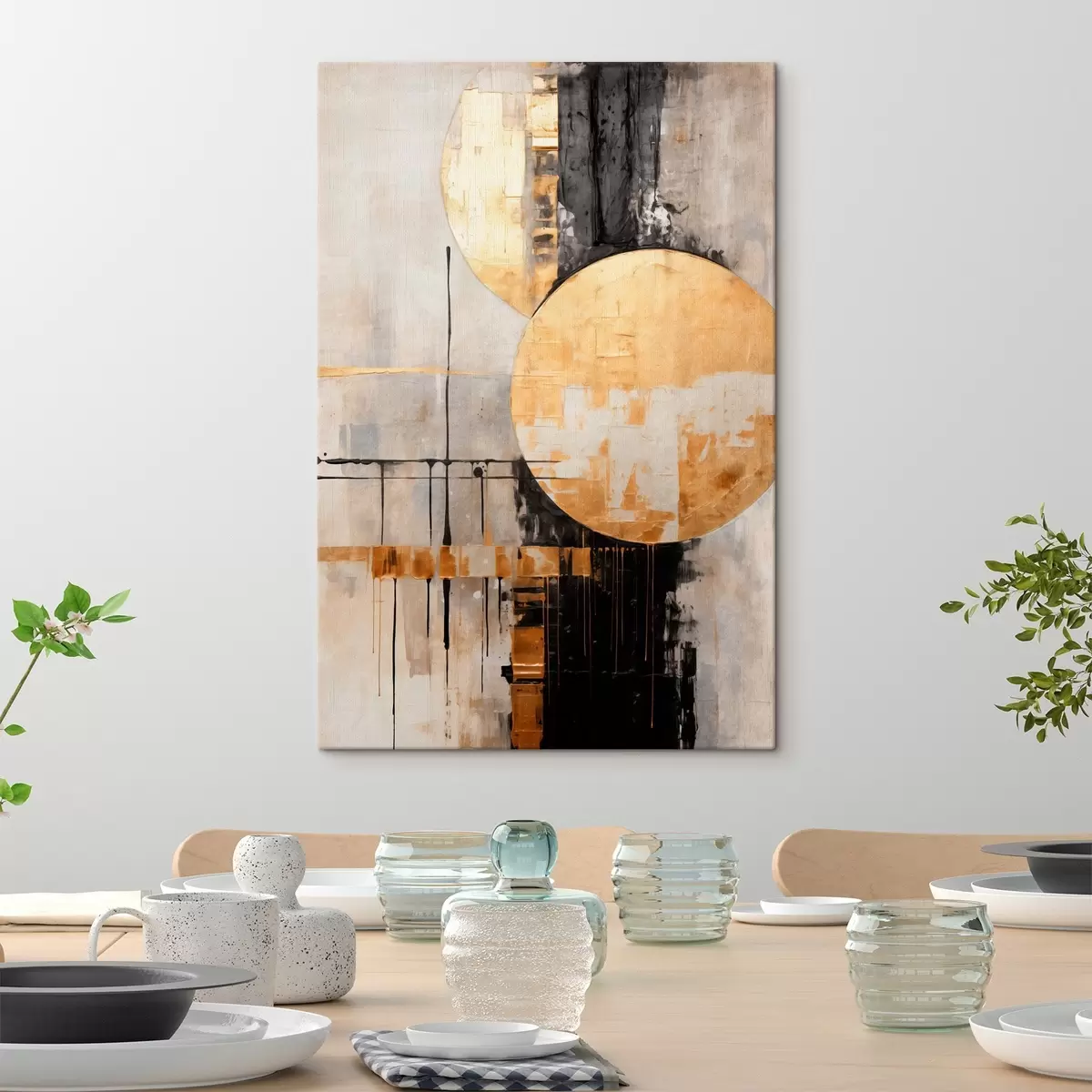  Schilderijen Abstract schilderij met cirkels, zwarte en gele lijnen en een achtergrond met grijze en witte tinten s45185