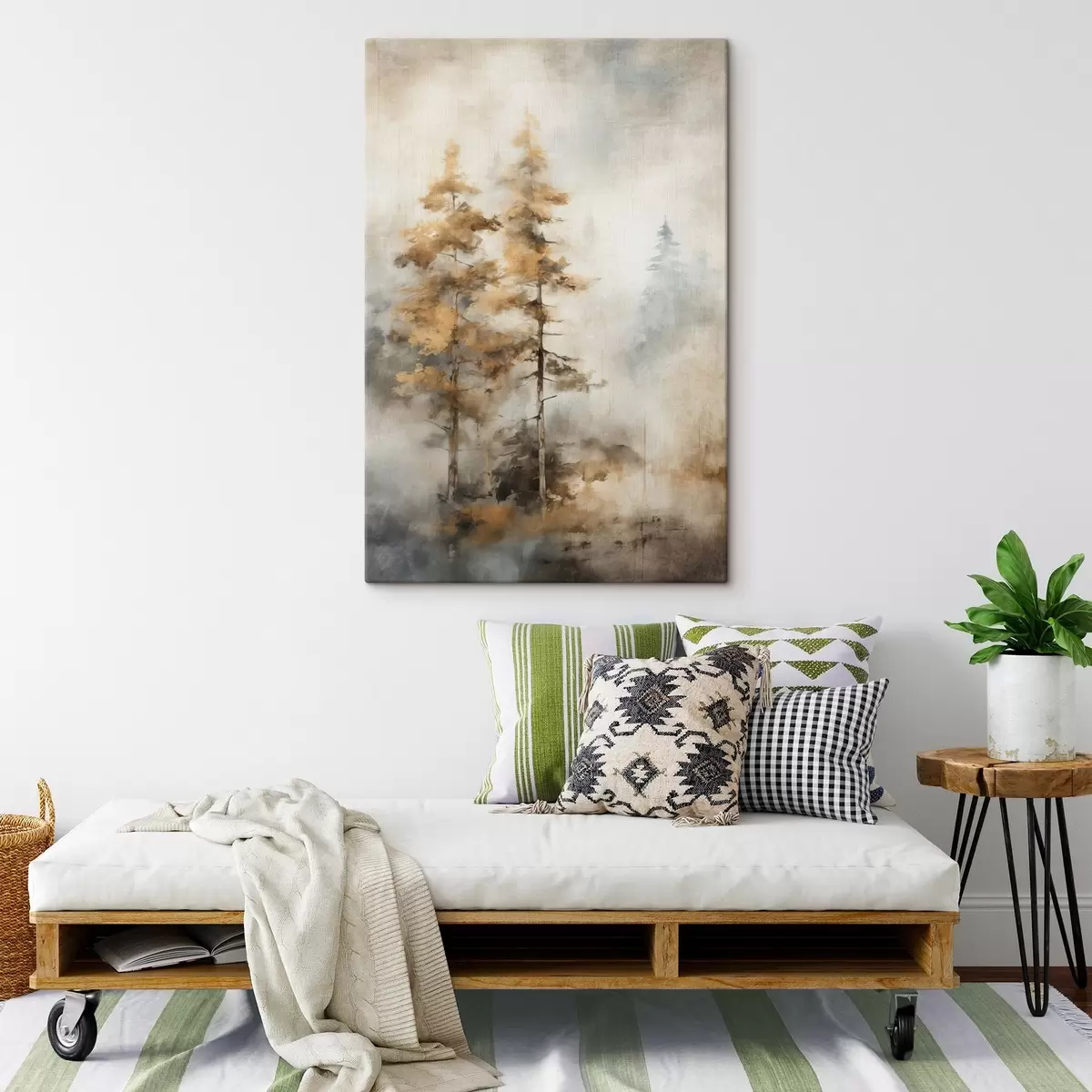  Peintures Grands arbres texturés avec des feuilles jaunes dans une forêt, l'arrière-plan est un mélange de tons bleus et bruns doux s45188