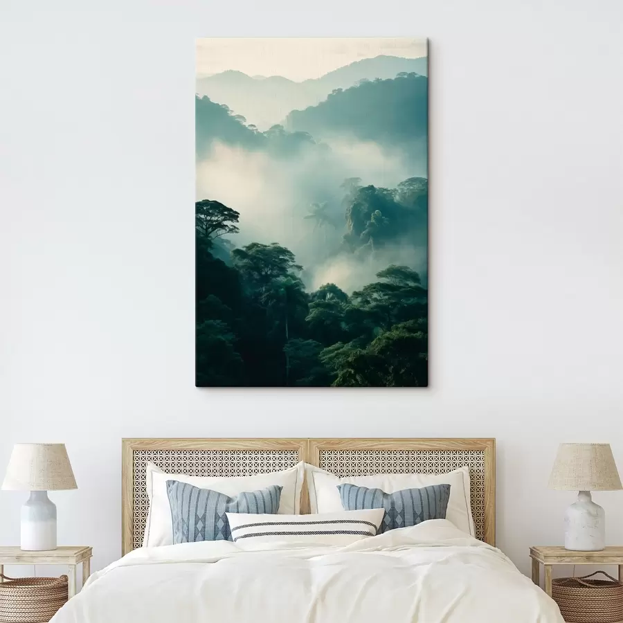  Peintures Forêt tropicale avec des arbres verdoyants et une épaisse couche de brume, créant un environnement atmosphérique s45189
