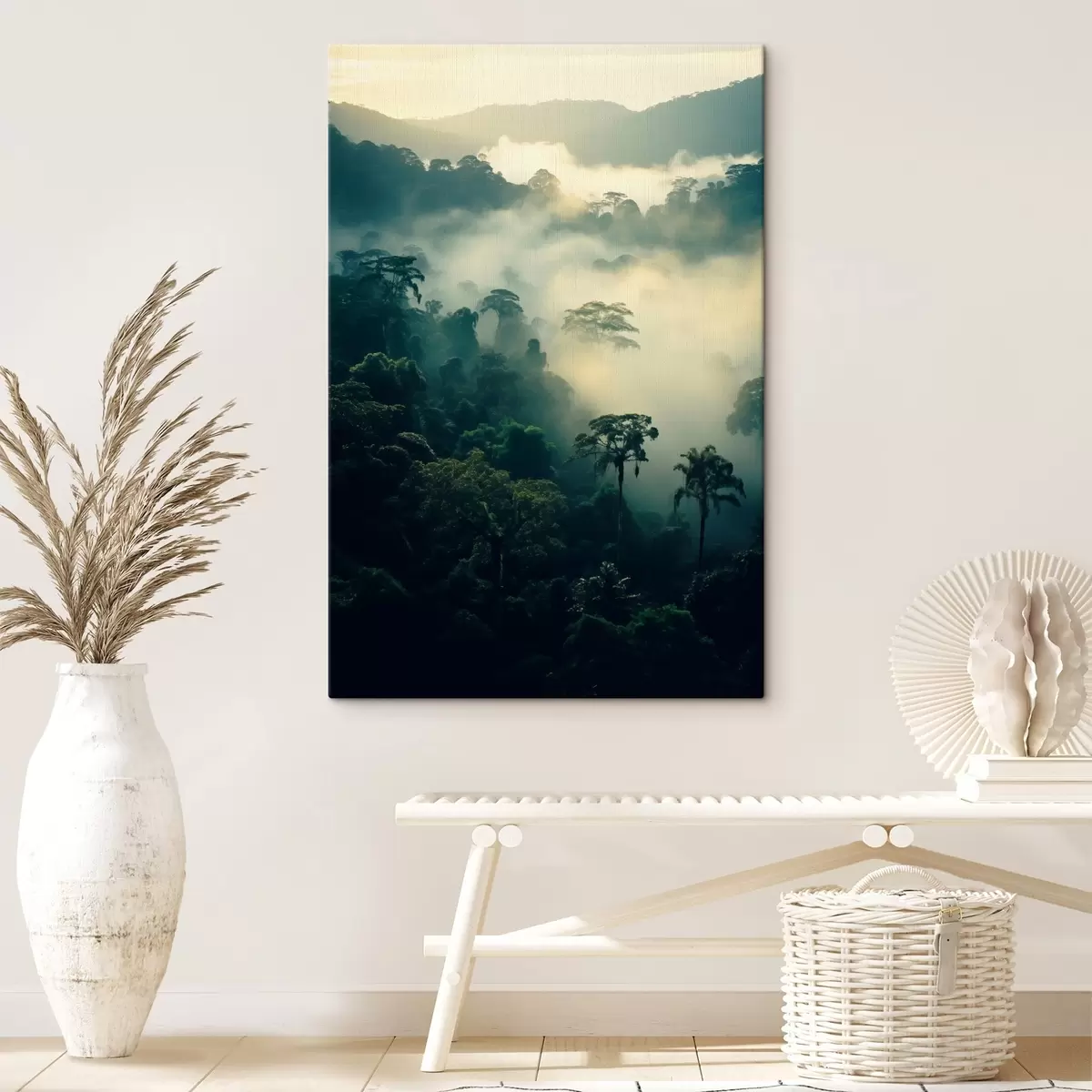  Peintures Forêt tropicale avec des arbres verdoyants et une épaisse couche de brume, créant un environnement atmosphérique s45190