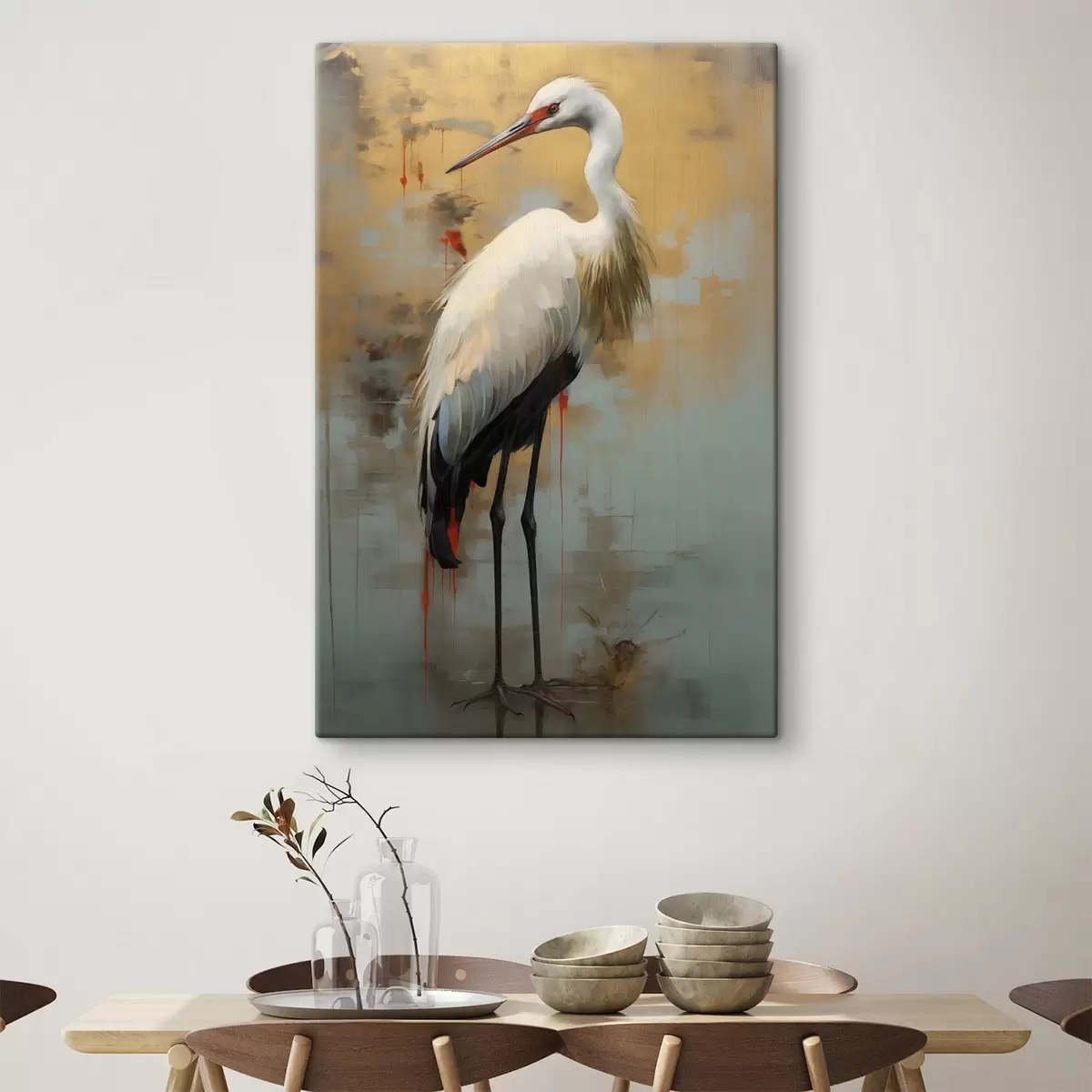  Schilderijen Witte reiger tegen een achtergrond van gedempte gele, bruine en blauwe tinten die een mistig, abstract landschap suggereren s45191