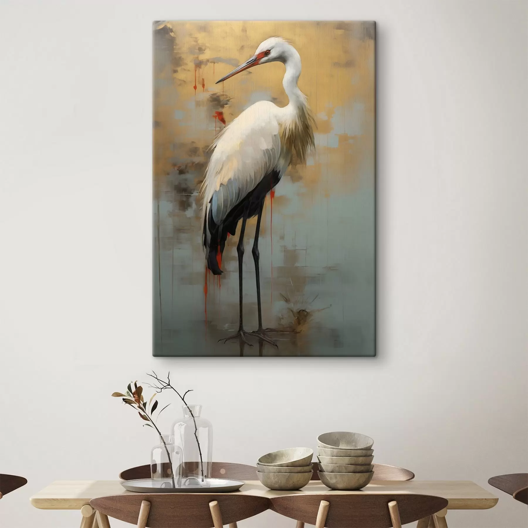  Peintures Héron blanc sur fond de teintes jaunes, brunes et bleues atténuées suggérant un paysage brumeux et abstrait s45191