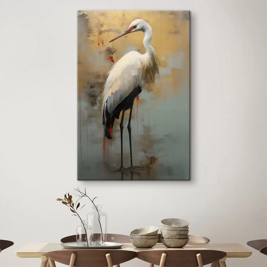  Schilderijen Witte reiger tegen een achtergrond van gedempte gele, bruine en blauwe tinten die een mistig, abstract landschap suggereren s45191