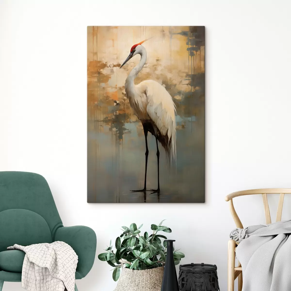  Peintures Héron blanc sur fond de teintes jaunes, brunes et bleues atténuées suggérant un paysage brumeux et abstrait s45192