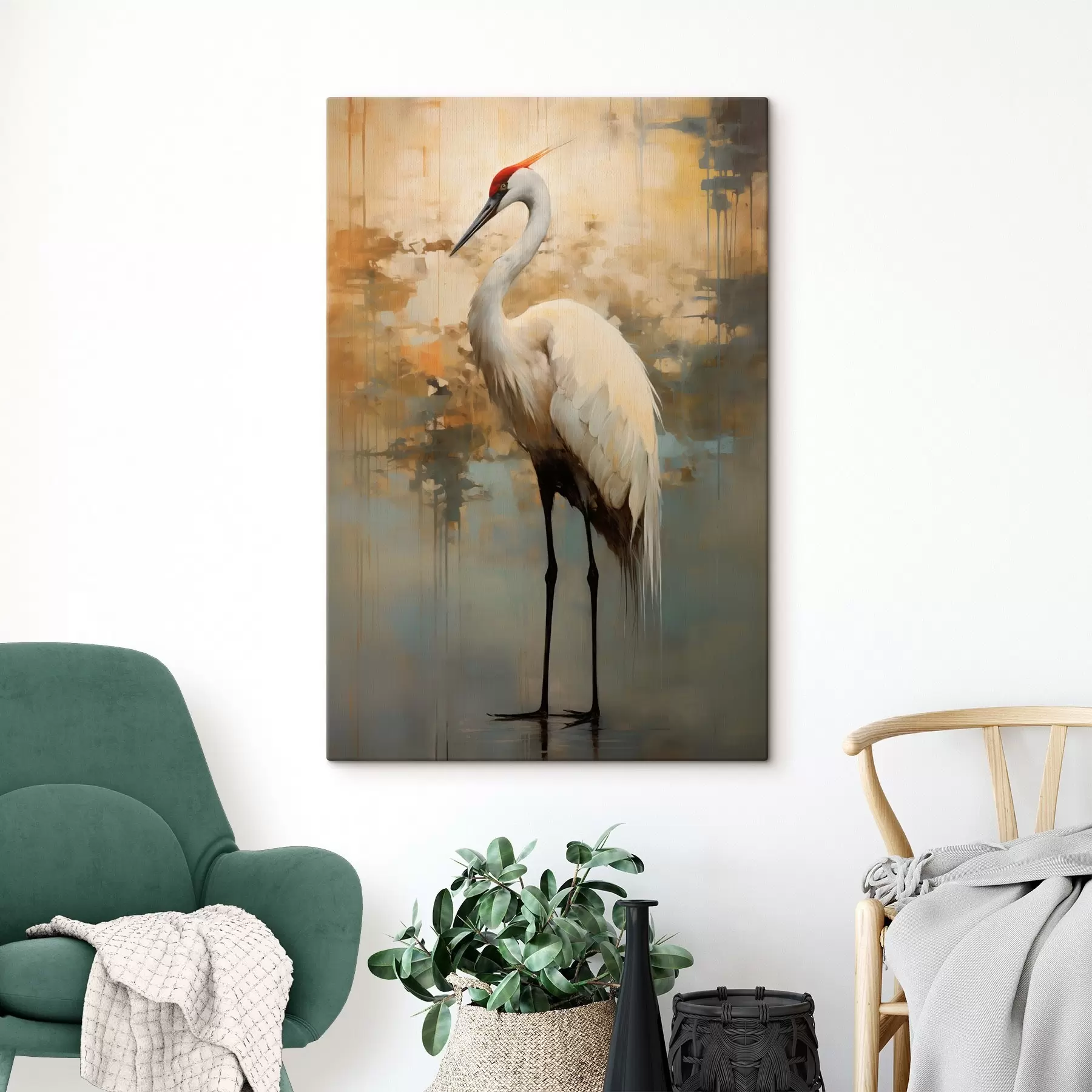  Peintures Héron blanc sur fond de teintes jaunes, brunes et bleues atténuées suggérant un paysage brumeux et abstrait s45192