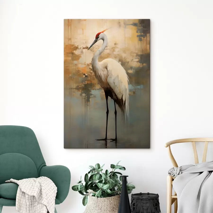  Schilderijen Witte reiger tegen een achtergrond van gedempte gele, bruine en blauwe tinten die een mistig, abstract landschap suggereren s45192