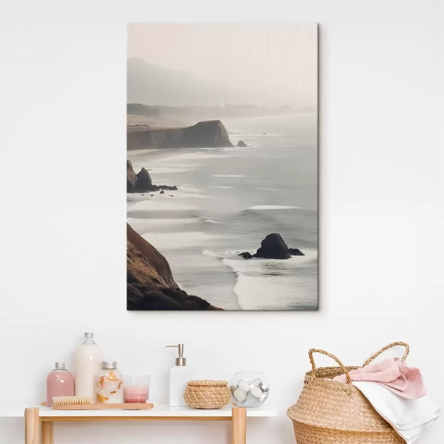  Schilderijen Rotsachtige kliffen en zeekust, golven die op de kust beuken, landschap met een stemmige sfeer, aardetinten s45194