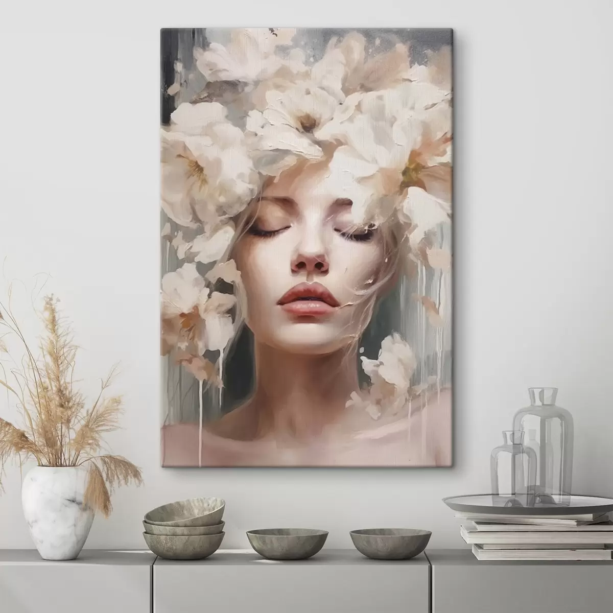  Schilderijen Vrouwenportret met witte bloemen s45218