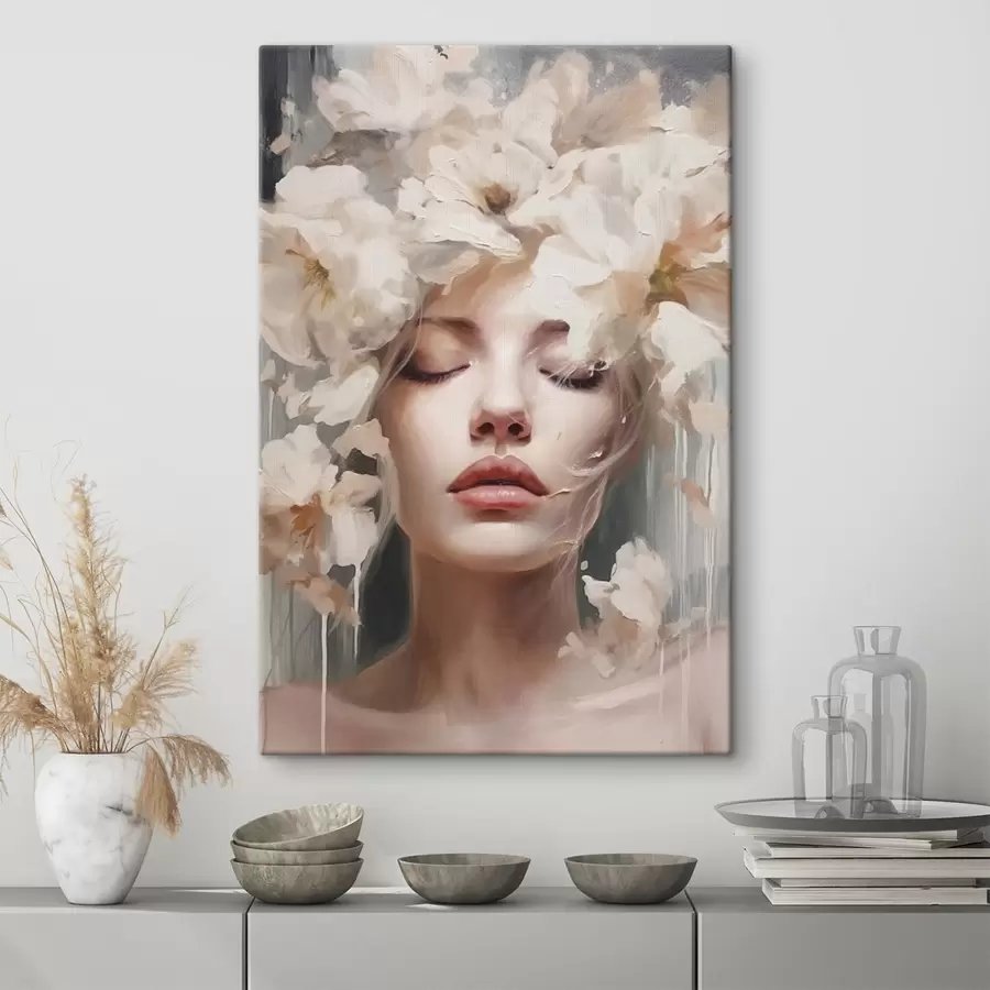  Peintures Portrait de femme avec des fleurs blanches s45218