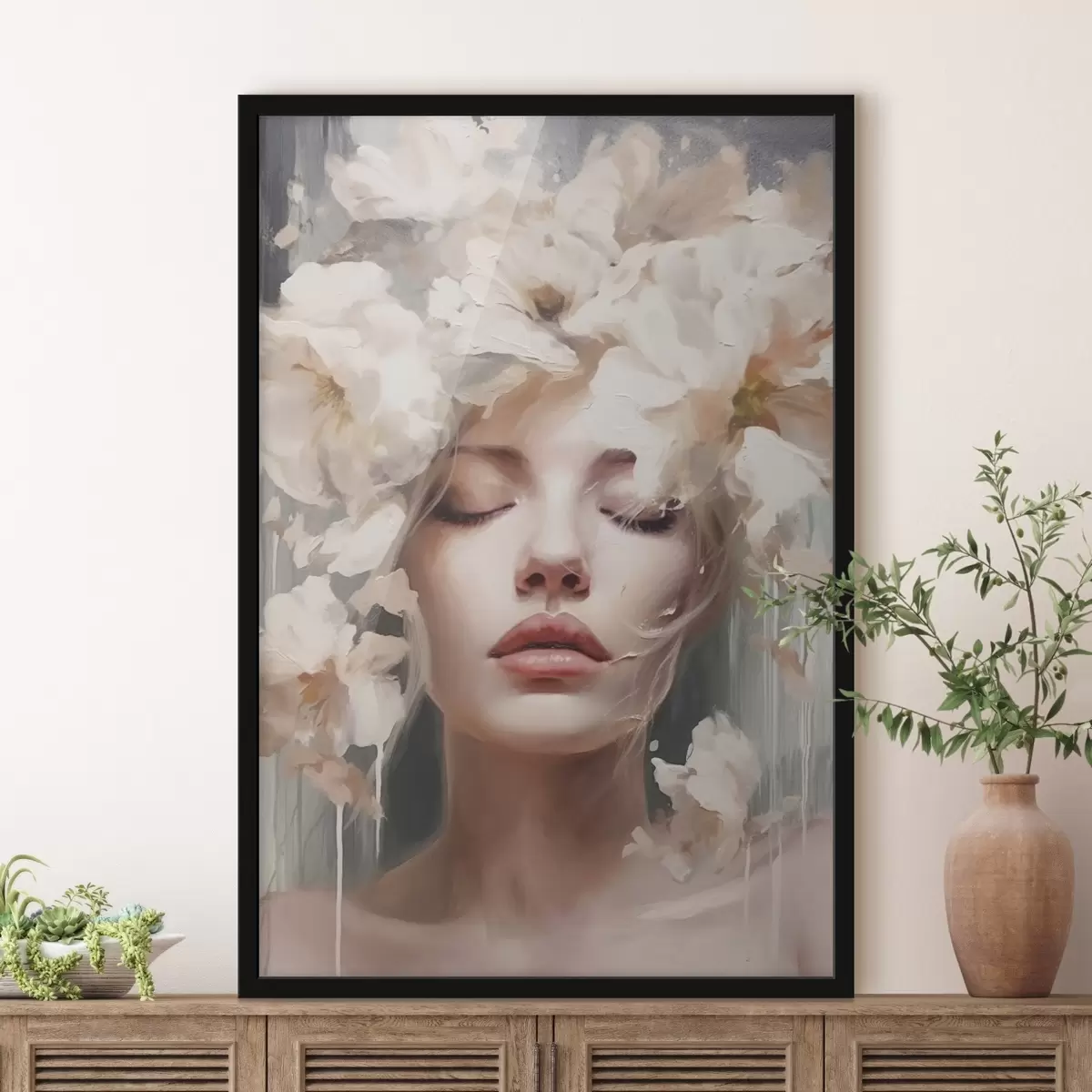 Poster Vrouwenportret met witte bloemen f45218