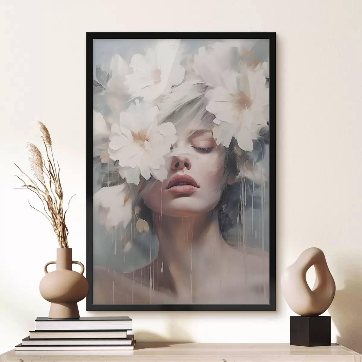 Poster Vrouwenportret met witte bloemen f45219