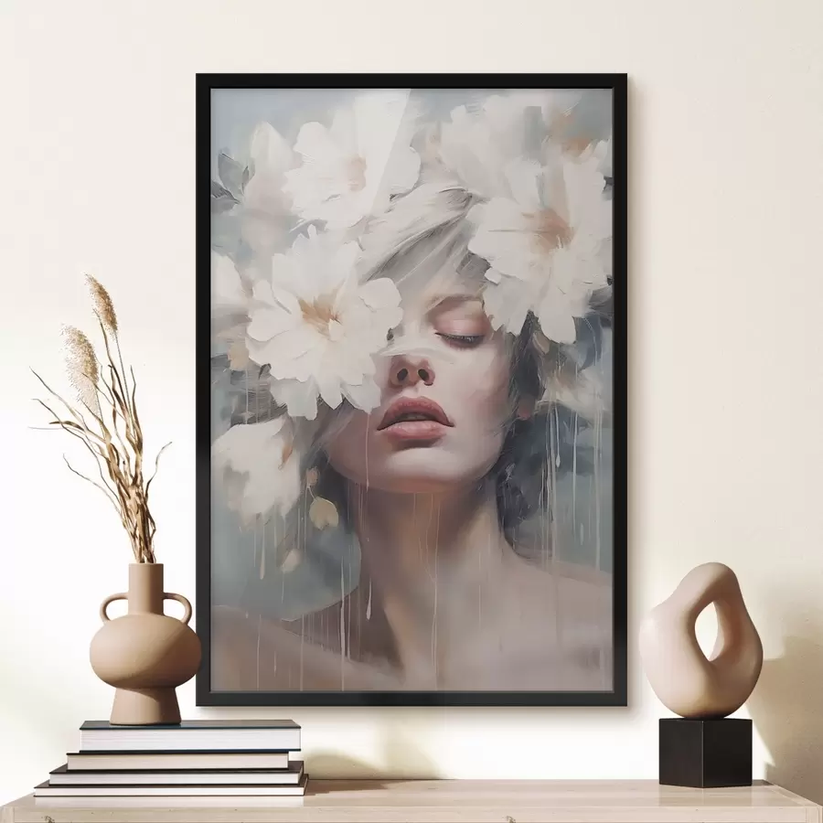 Fotobehang Vrouwenportret met witte bloemen f45219