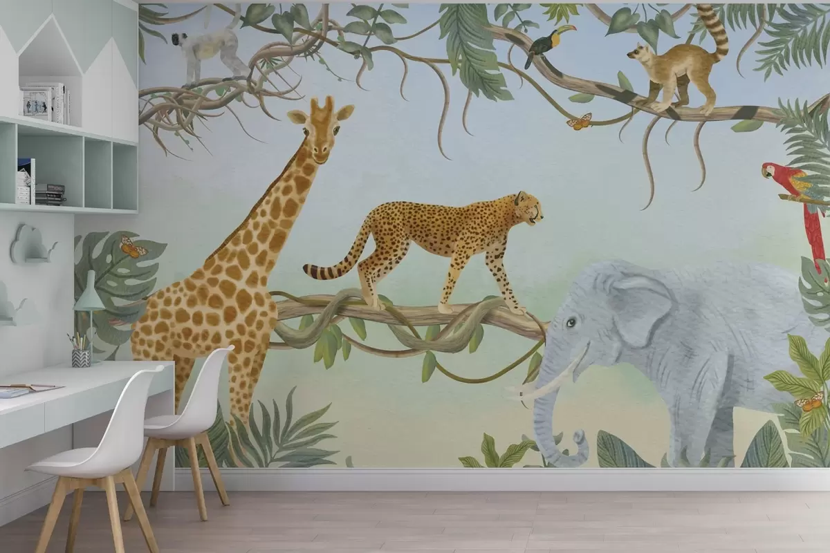 Fotobehang Jungle-illustratie met giraffe, cheeta en olifant w04194