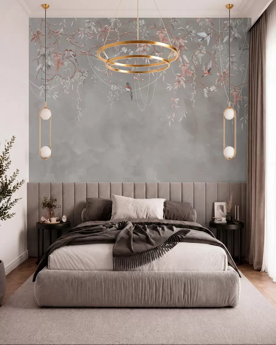 Papier peint photo Branches avec raisins et oiseaux sur fond gris-rose chaud w04302