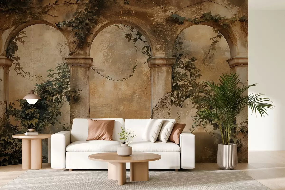 Fotobehang getinte retro bogen met klimop w04304