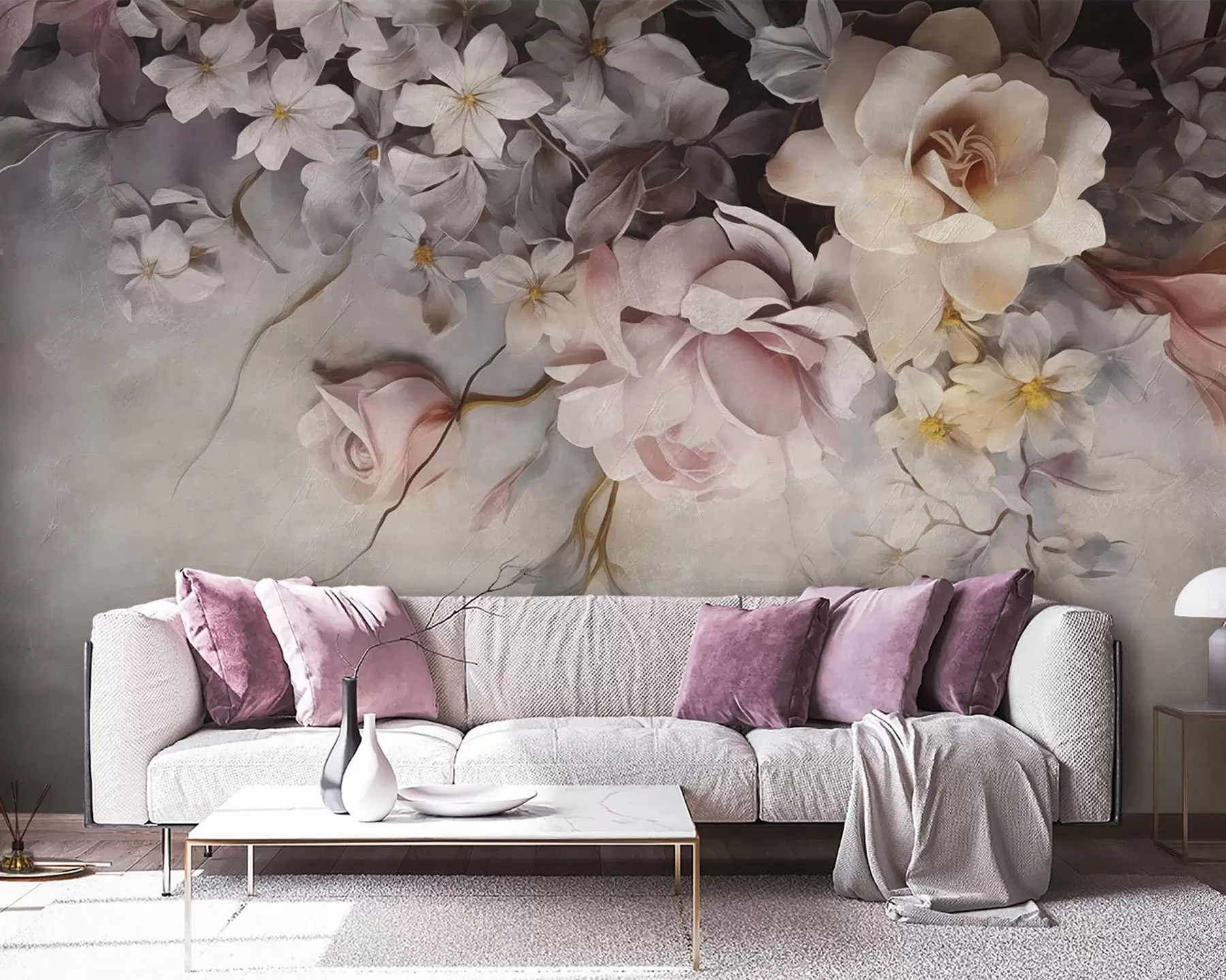 Fotobehang Grote bloemen hangend langs de muur op een betonnen achtergrond w09184