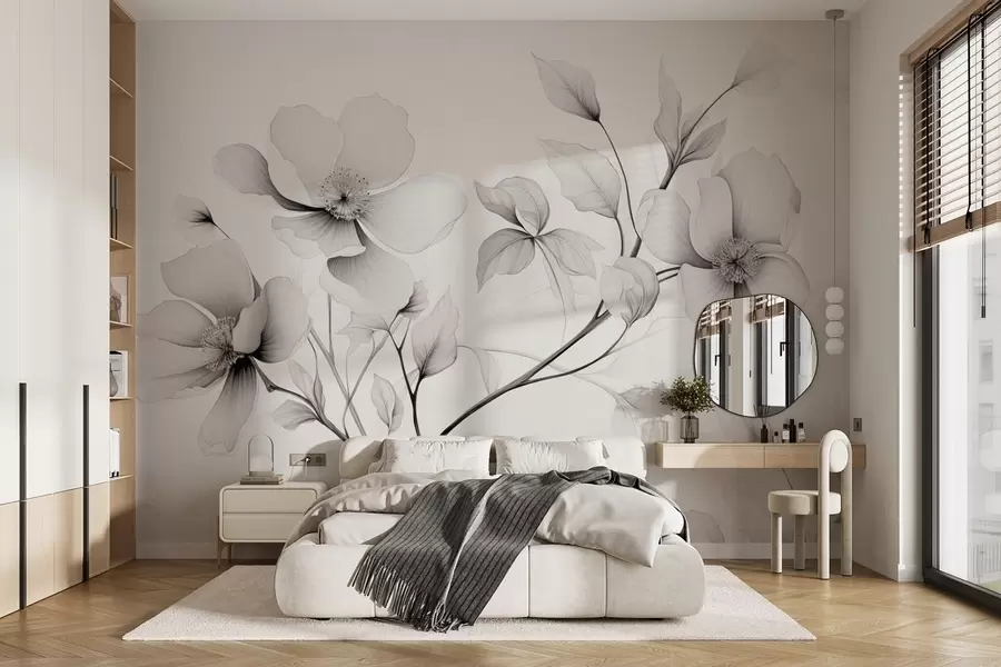 Fotobehang Zwart-witte bloemen met elegante lijnen op een grijze achtergrond w09271