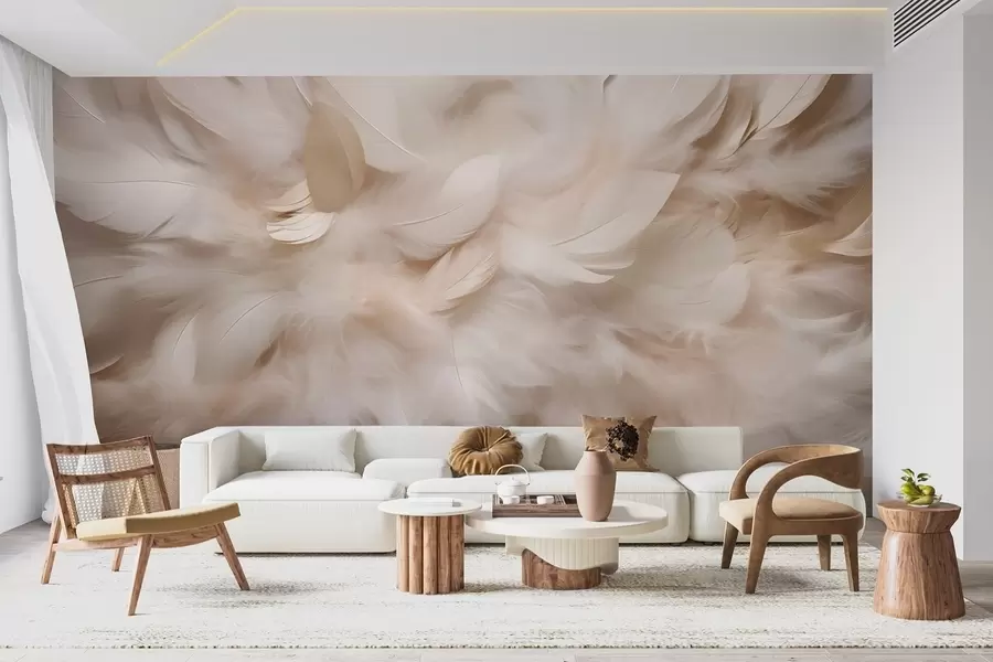 Papier peint photo Plumes duveteuses et duvet dans des tons crémeux w09274