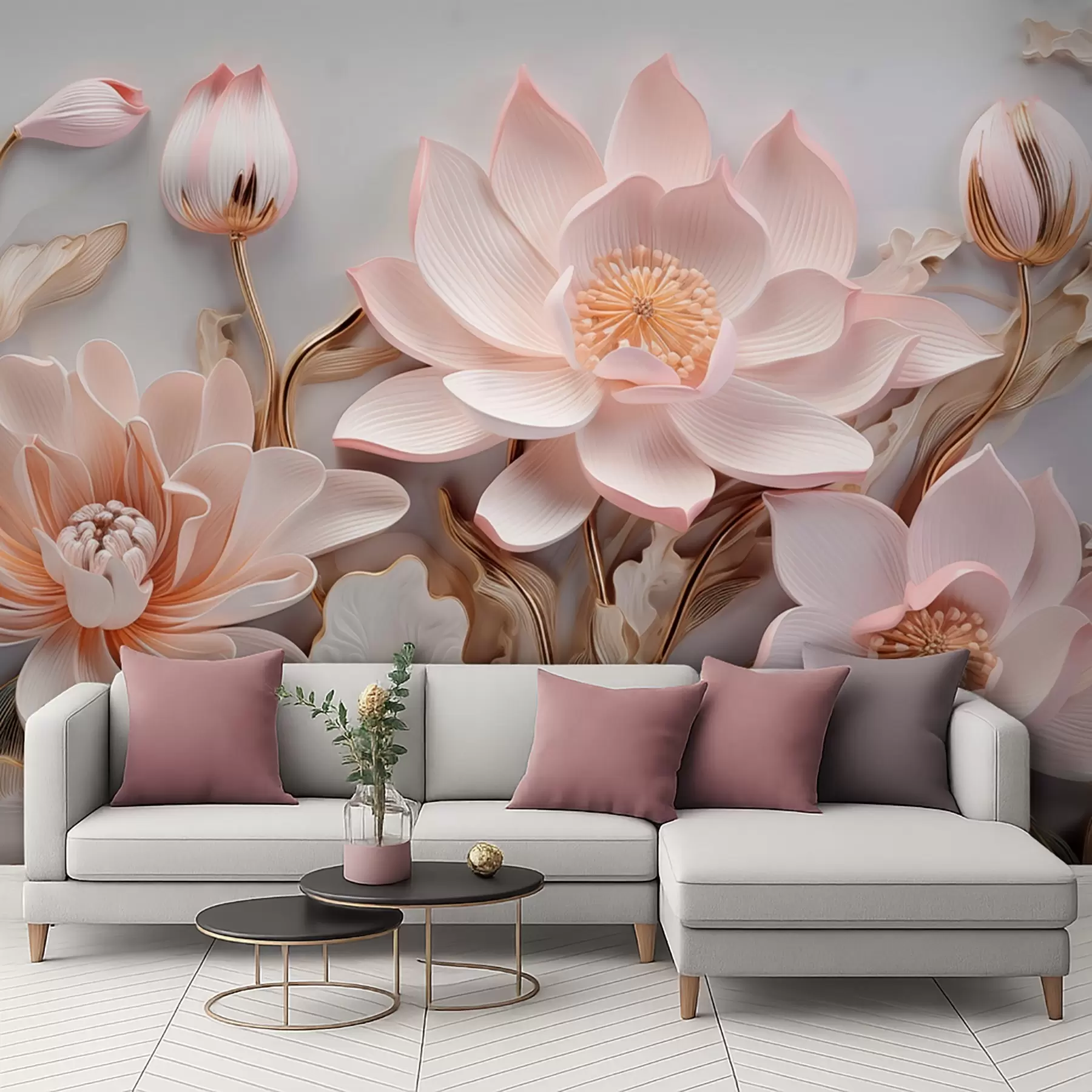 Fotobehang Volumetrische roze bloemen met gele bladeren w09277