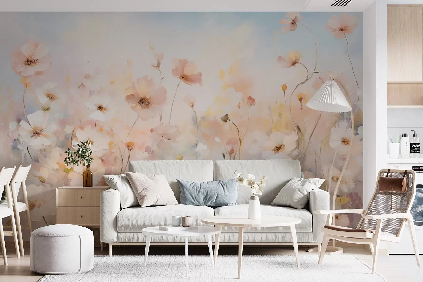 Fotobehang Wilde bloemen in pasteltinten in aquarelstijl w09280