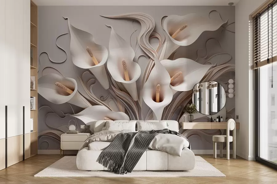 Fotobehang Volumetrische aronskelken in crèmetinten met 3D-effect w09281