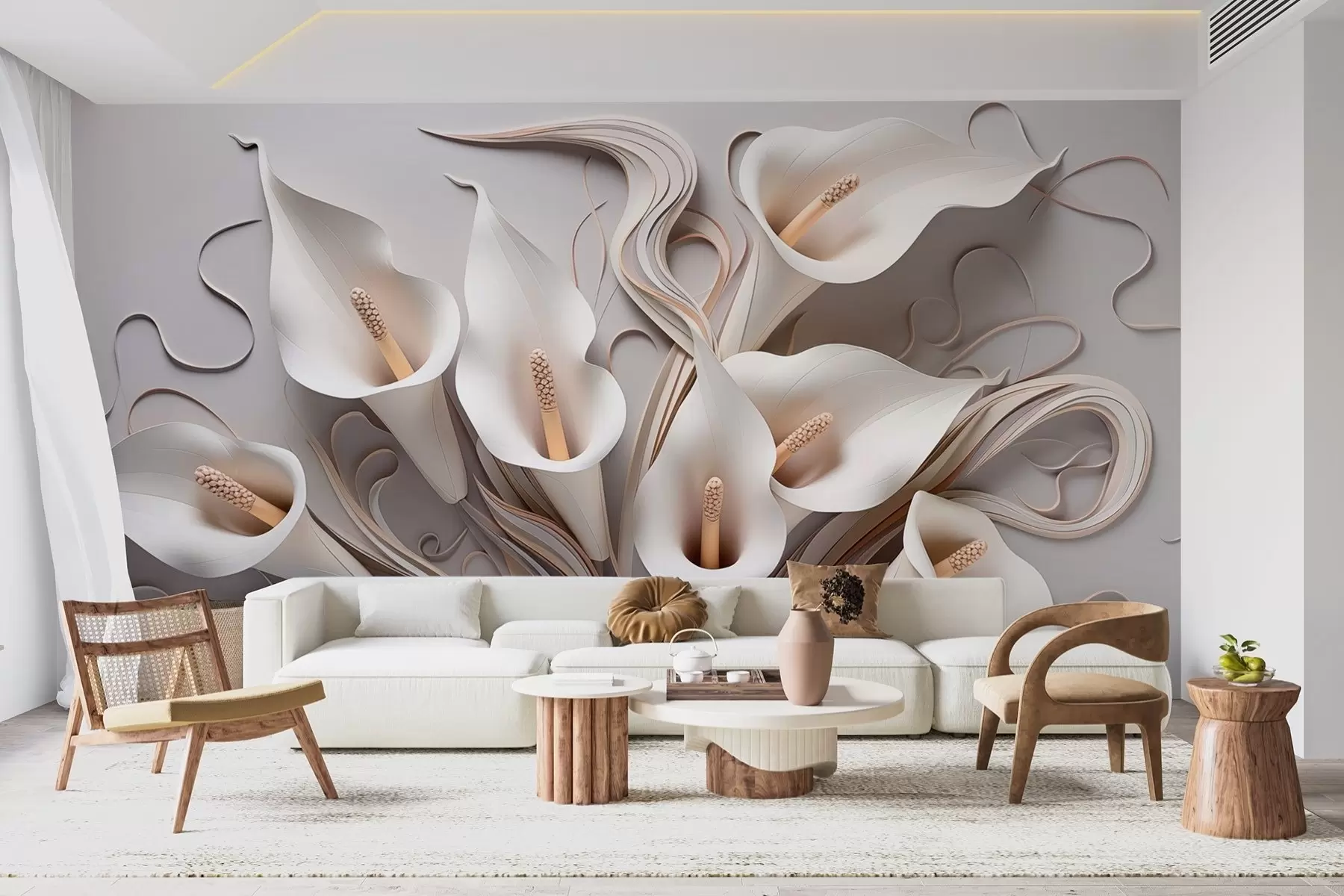 Fotobehang Volumetrische aronskelken in crèmetinten met 3D-effect w09281