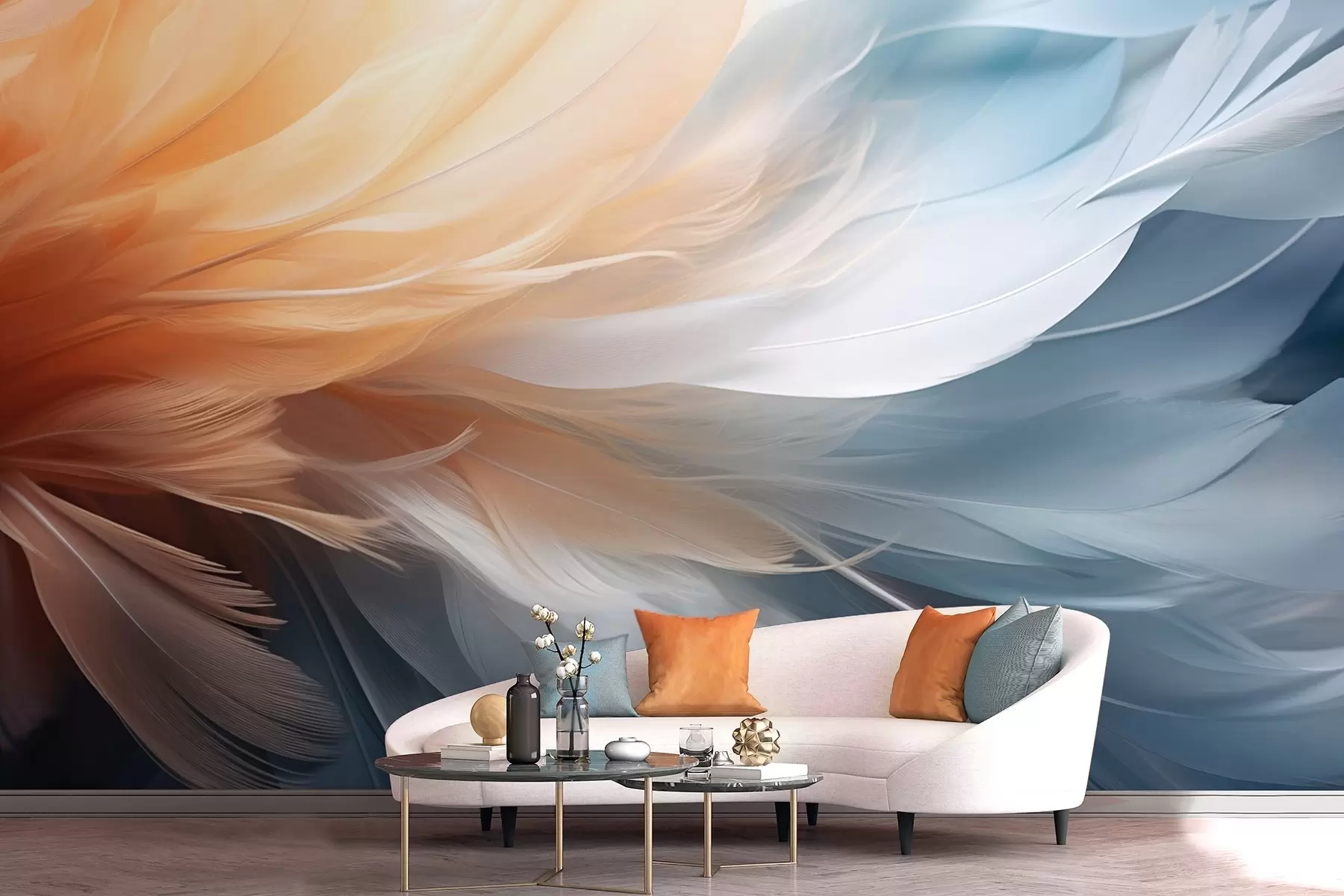 Fotobehang Delicate veren in oranje en blauwe verlooptinten w09282