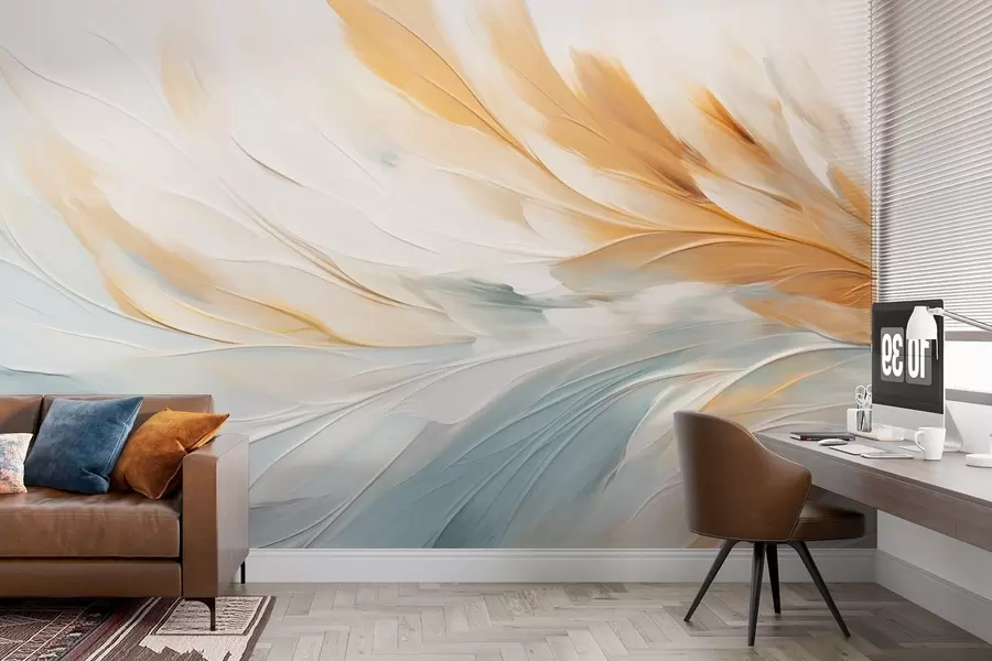 Fotobehang Abstracte veren in zachte blauwe en oranje tinten w09283